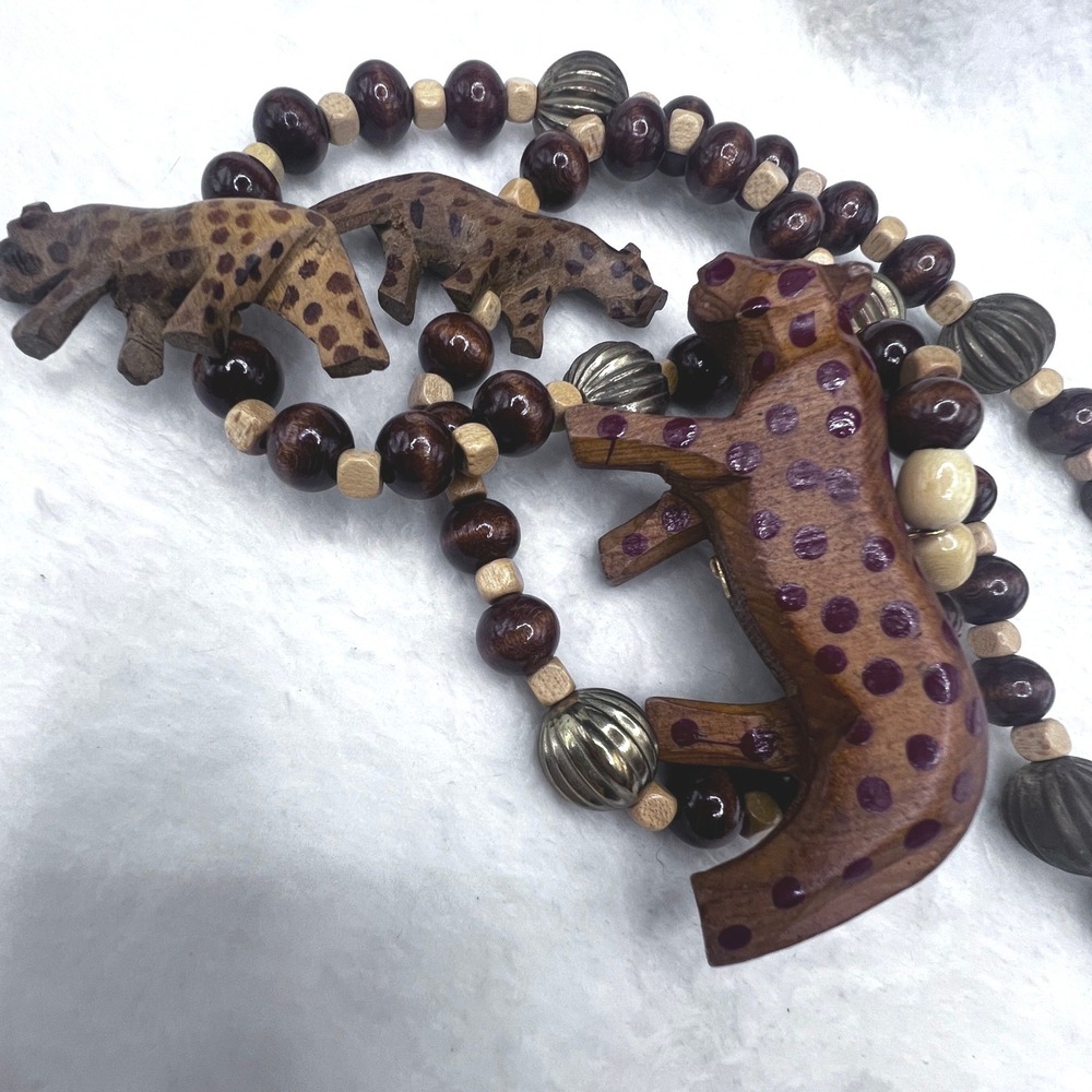 Vintage Beaded Necklace Wooded Safari Leopards Boho